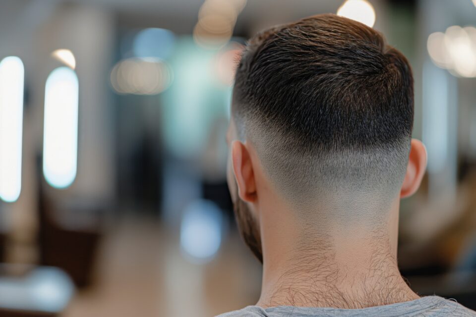 Detailed image showcasing the neat lines of a mans fade hairstyle from a rear perspective - 薄毛カット専門理容室(床屋)・美容室ポータル|USUGE BEAUTY