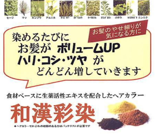 和漢植物の力で髪を染める「和漢彩染カラー」対応◎低刺激で頭皮にやさしく、大人の髪にしっとりなじむ自然な色合いが魅力。