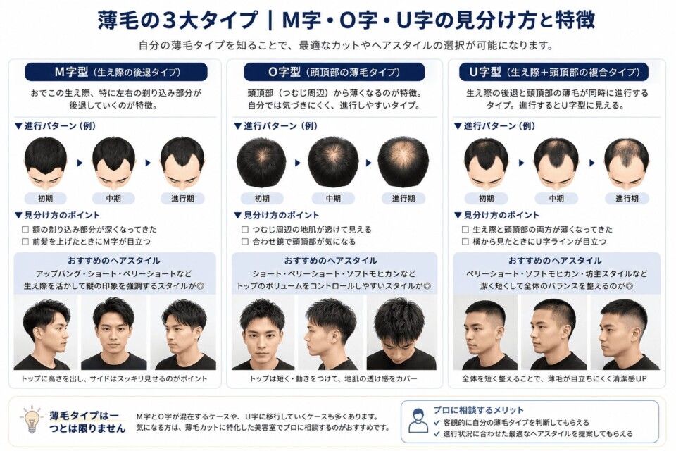 M字・O字・U字ハゲの違いと特徴を解説した図解 - 薄毛カット専門理容室(床屋)・美容室ポータル|USUGE BEAUTY M字・O字・U字タイプ別薄毛図解