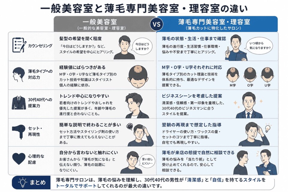 一般美容室と薄毛専門美容室・理容室の違い - 薄毛カット専門理容室(床屋)・美容室ポータル|USUGE BEAUTY 一般美容室と薄毛専門美容室・理容室の違い