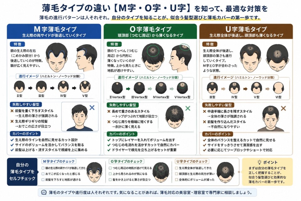 M字・O字・U字の薄毛タイプ図解 - 薄毛カット専門理容室(床屋)・美容室ポータル|USUGE BEAUTY M字・O字・U字の薄毛タイプ図解