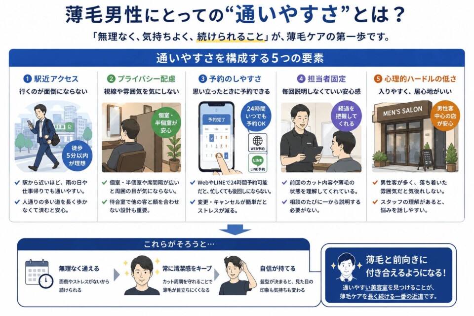 薄毛男性にとって理容室の通いやすさとは - 薄毛カット専門理容室(床屋)・美容室ポータル|USUGE BEAUTY 薄毛男性の来院を容易にする5つの要素を、イラスト付きで解説する案内図。